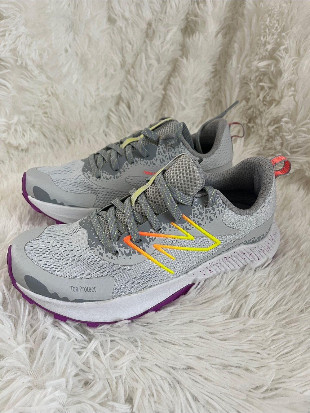 New Balance Kids Gray Sneakers with Neon Yellow, Orange & Purple Accents